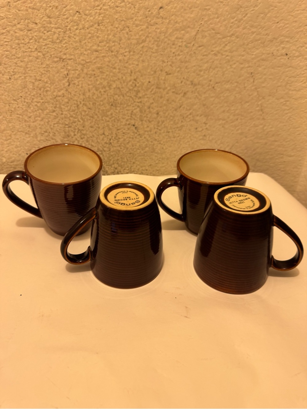 Sango Dark Brown Ceramic Mugs with Cream Interior - Set of 4